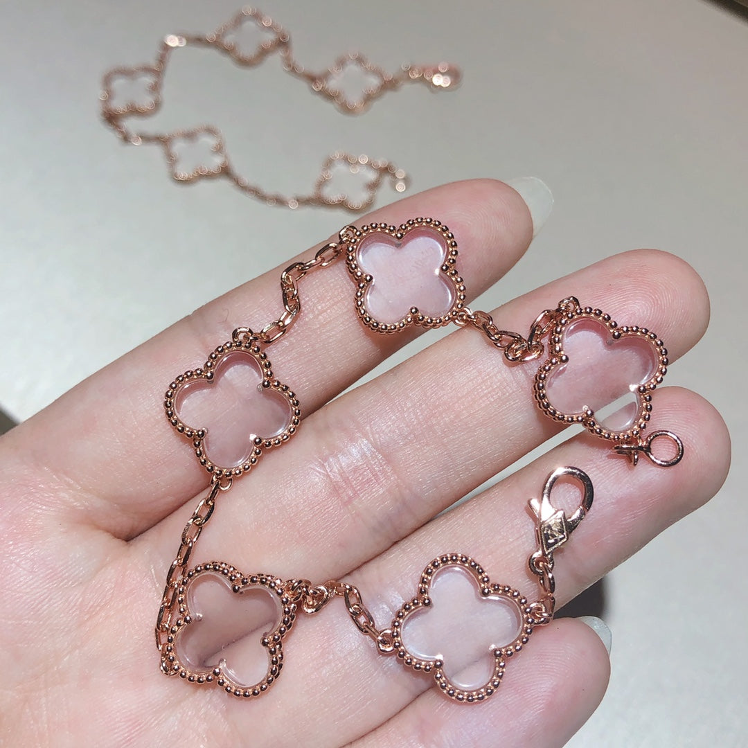 [Crown & Jewelry]CLOVER 5 MOTIF ROCK CRYSTAL PINK GOLD BRACELET