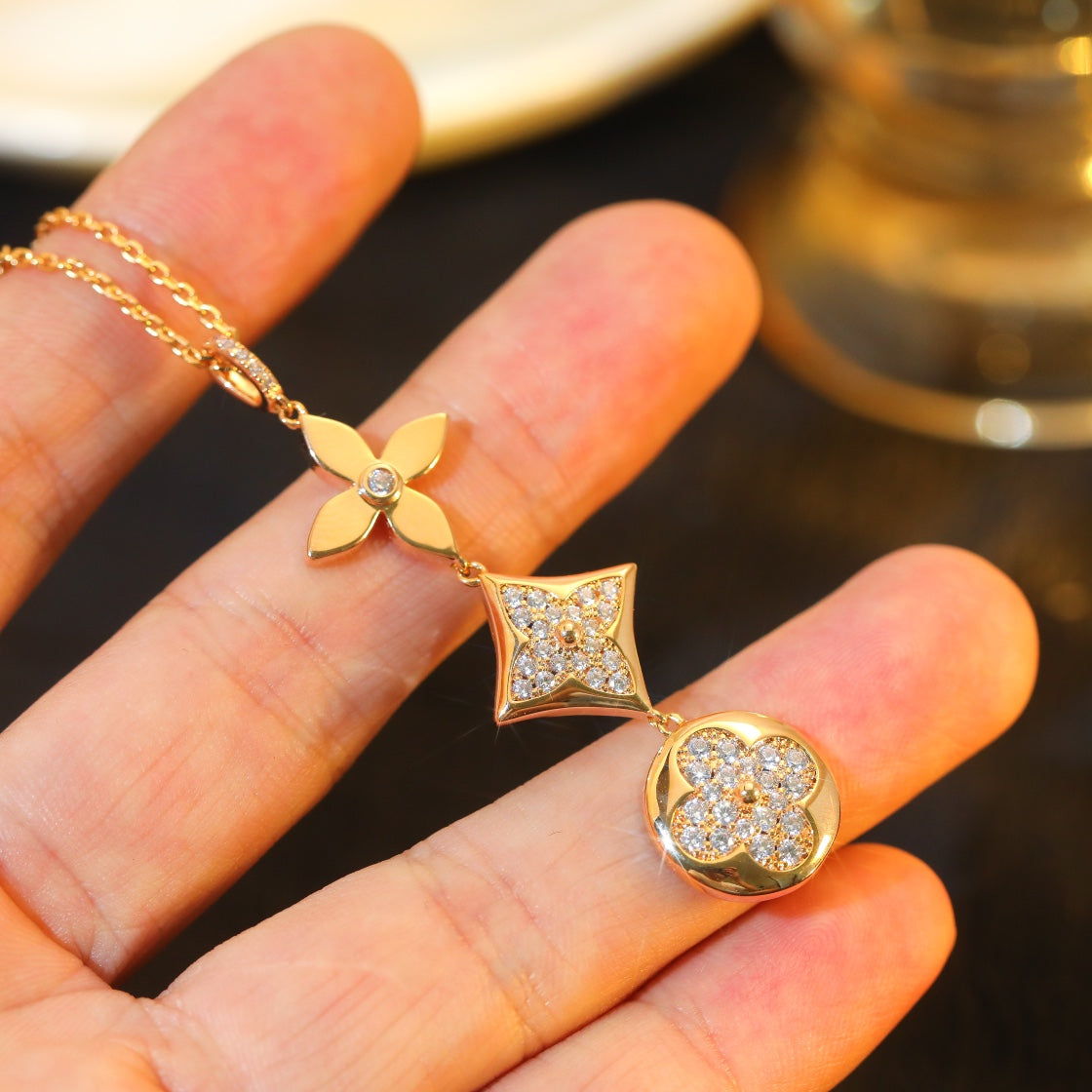 [Crown & Jewelry]STAR AND SUN DIAMOND PINK GOLD NECKLACE