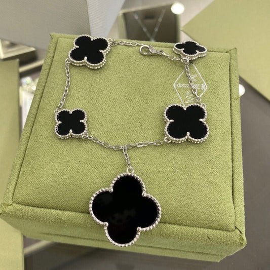 [Crown & Jewelry]CLOVER 5 MOTIFS SIVLER ONYX BRACELET