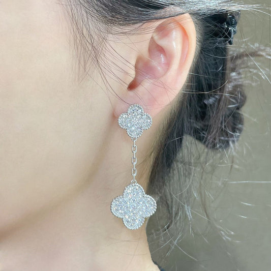 [Crown & Jewelry]CLOVER 2 MOTIFS DIAMOND PAVED SILVER EARRINGS