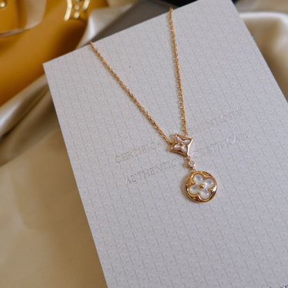 [Crown & Jewelry]STAR AND SUN WHITE MOP 2 MOTIF PINK GOLD NECKLACE