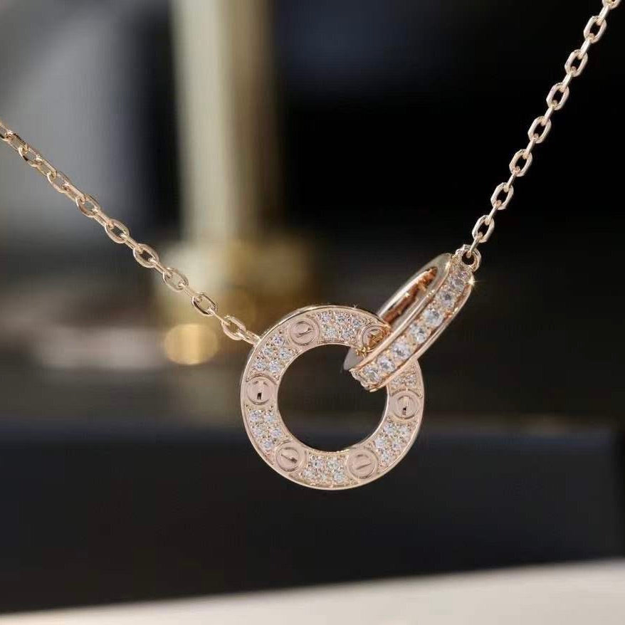 [Crown & Jewelry]LOVE 7.6MM NECKLACE ROSE GOLD AND SILVER  FULL DIAMOND