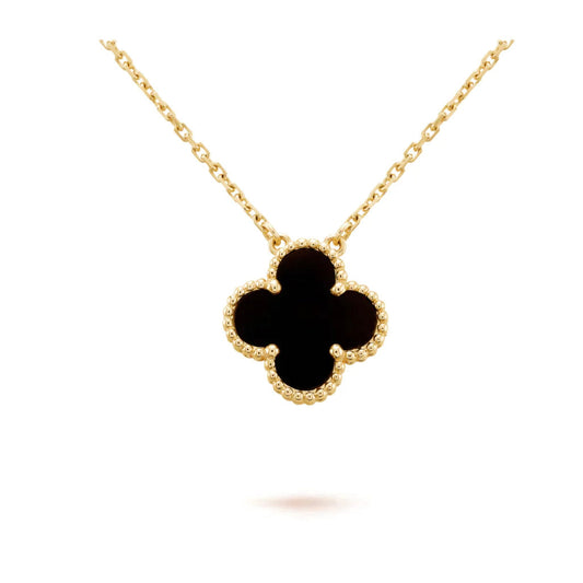 [Crown & Jewelry]CLOVER 15MM BLACK ONYX SINGLE FLOWER NECKLACE