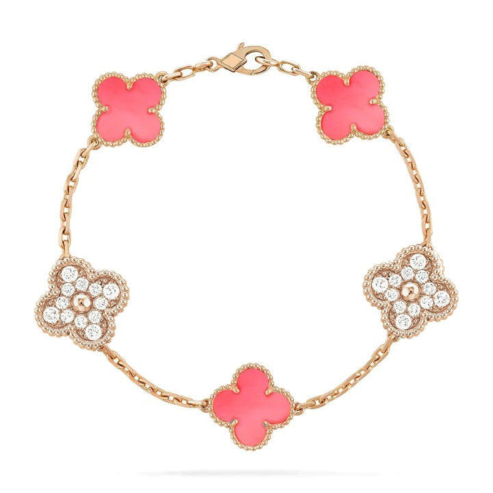 [Crown & Jewelry]CLOVER 5 MOTIF DIAMOND PINK MOP PINK GOLD BRACELET