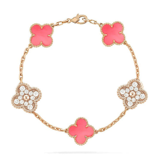[Crown & Jewelry]CLOVER 5 MOTIF DIAMOND PINK MOP PINK GOLD BRACELET