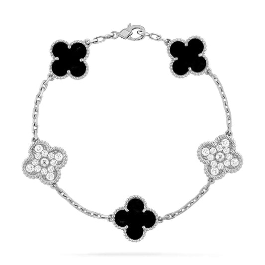 [Crown & Jewelry]CLOVER 5 MOTIF ONYXS DIAMOND BRACELET SILVER