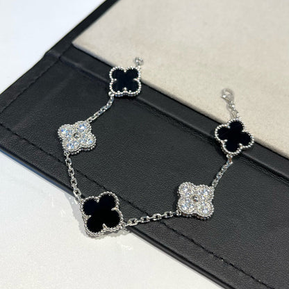 [Crown & Jewelry]CLOVER 5 MOTIF ONYXS DIAMOND BRACELET SILVER
