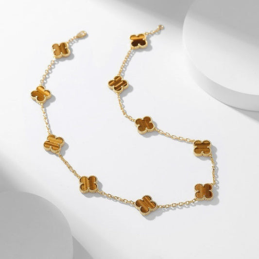 [Crown & Jewelry]CLOVER 10 MOTIFS TIGER EYE NECKLACE