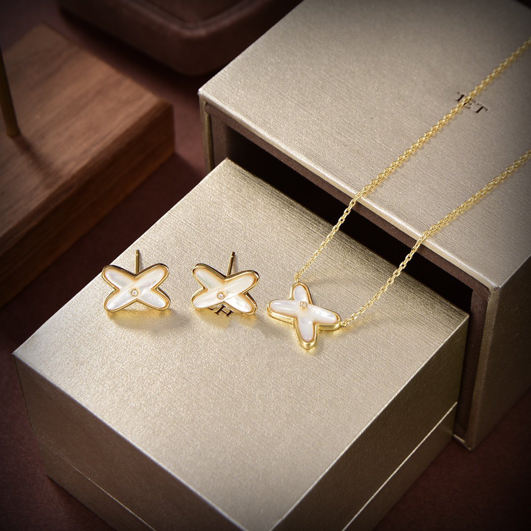 [Crown & Jewelry]JEUX DE WHITE MOP GOLD DIAMOND EARRINGS