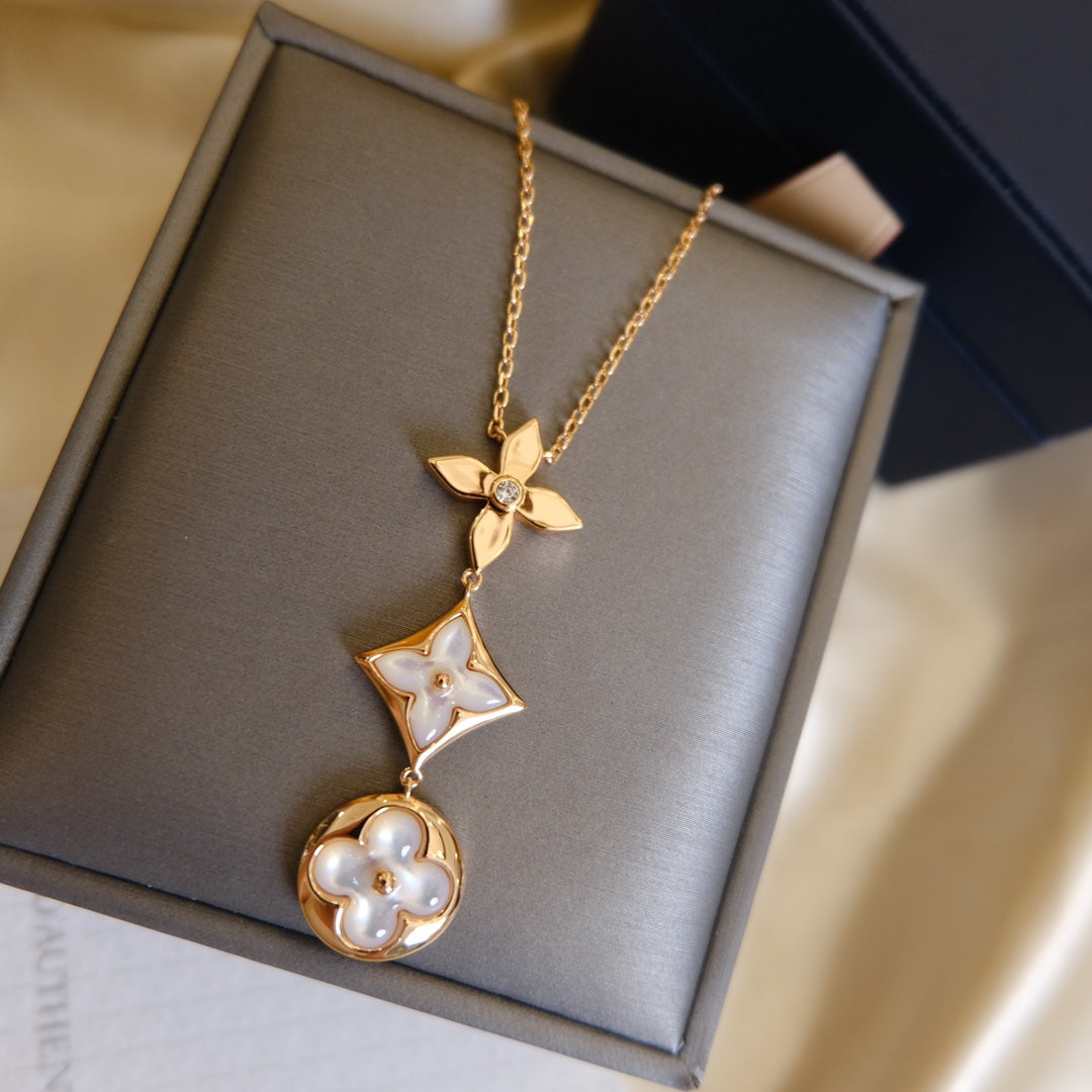 [Crown & Jewelry]COLOR BLOSSOM LARIAT NECKLACE PINK GOLD WHITE MOTHER PEARL AND DIAMOND