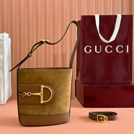 73 SMALL BUCKET BAG 20 IN BROWN SOFT SUEDE AND CALFSKIN