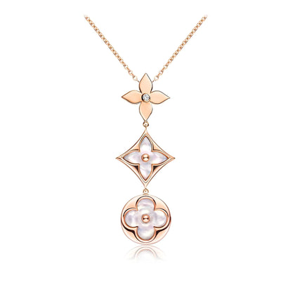 [Crown & Jewelry]COLOR BLOSSOM LARIAT NECKLACE PINK GOLD WHITE MOTHER PEARL AND DIAMOND